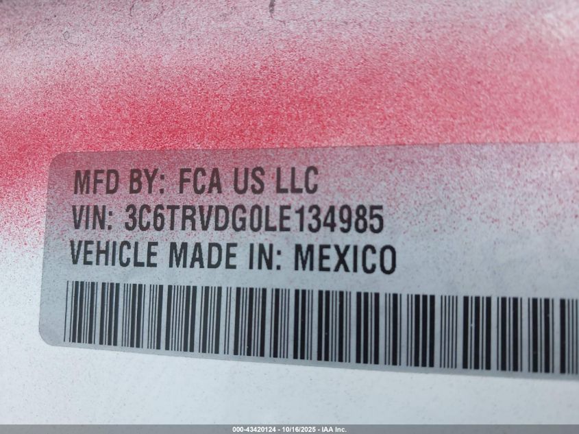 2020 Ram Promaster 2500 High Roof 159 Wb VIN: 3C6TRVDG0LE134985 Lot: 43420124