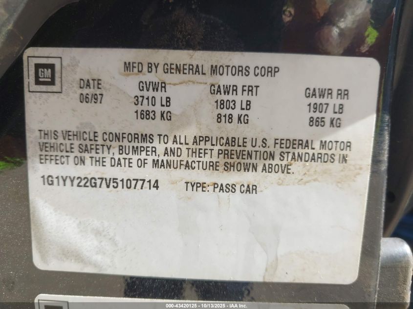1997 Chevrolet Corvette VIN: 1G1YY22G7V5107714 Lot: 43420125