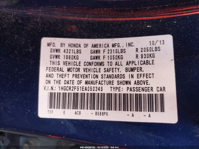 2014 Honda Accord Sport VIN: 1HGCR2F51EA050345 Lot: 43420138