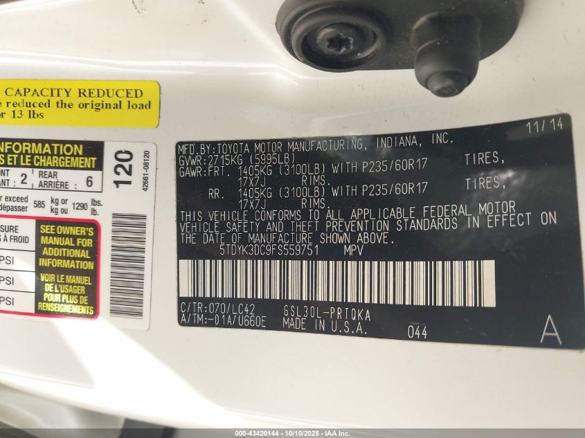 2015 Toyota Sienna Xle 8 Passenger VIN: 5TDYK3DC9FS559751 Lot: 43420144