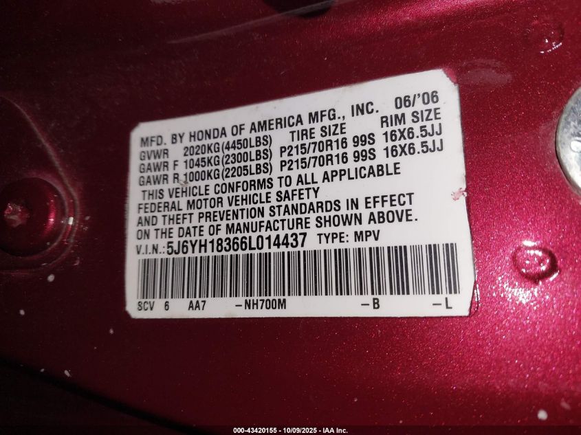 2006 Honda Element Ex-P VIN: 5J6YH28776L015038 Lot: 43420155