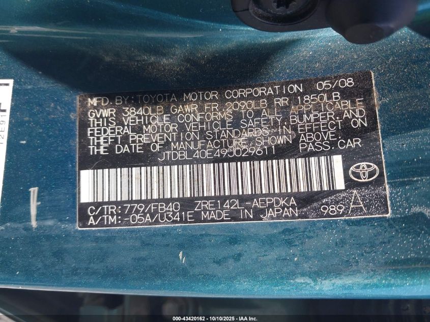 2009 Toyota Corolla Le VIN: JTDBL40E49J029611 Lot: 43420162