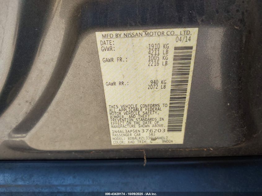 2014 Nissan Altima 2.5 S VIN: 1N4AL3AP5EN376203 Lot: 43420174