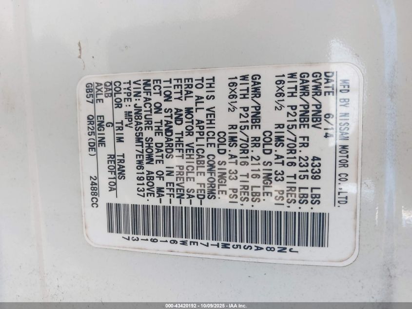 2014 Nissan Rogue Select S VIN: JN8AS5MT7EW619137 Lot: 43420192