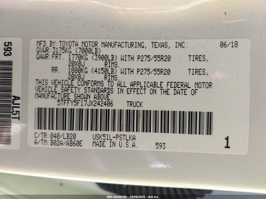 2018 Toyota Tundra Limited 5.7L V8 VIN: 5TFFY5F17JX242406 Lot: 43420195
