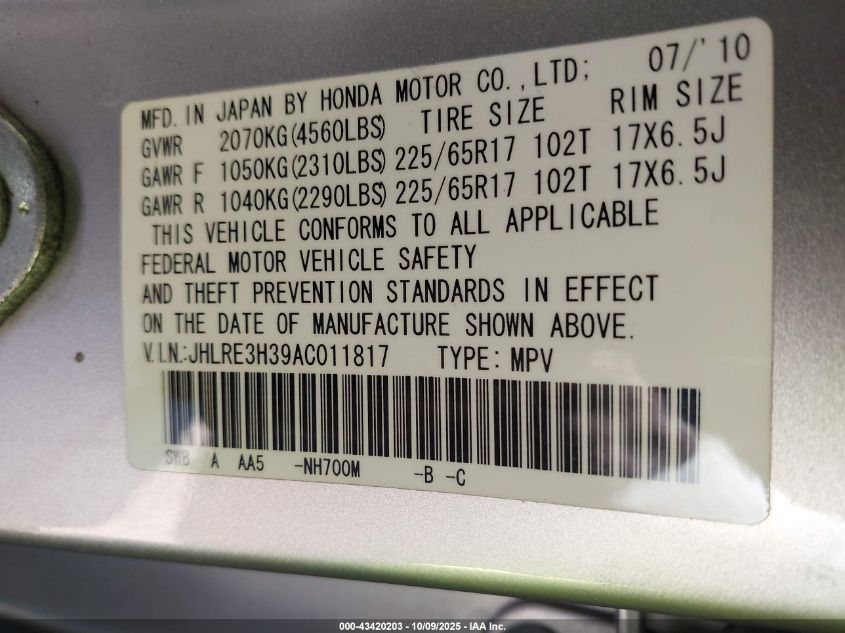 2010 Honda Cr-V Lx VIN: JHLRE3H39AC011817 Lot: 43420203