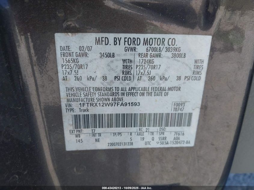 2007 Ford F-150 Stx/Xl/Xlt VIN: 1FTRX12W97FA91593 Lot: 43420213
