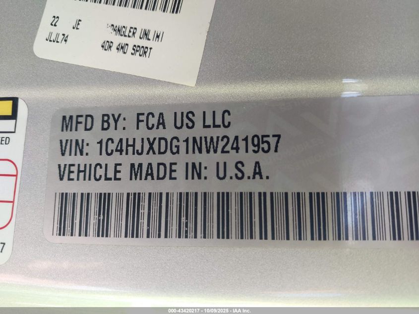 2022 Jeep Wrangler Unlimited Sport S 4X4 VIN: 1C4HJXDG1NW241957 Lot: 43420217