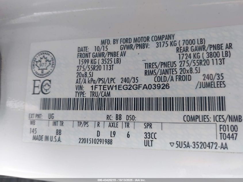 2016 Ford F-150 Platinum VIN: 1FTEW1EG2GFA03926 Lot: 43420219