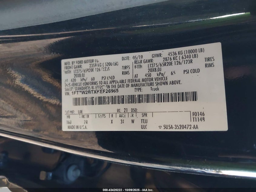 2019 Ford F-250 Platinum VIN: 1FT7W2BTXKEF26965 Lot: 43420222