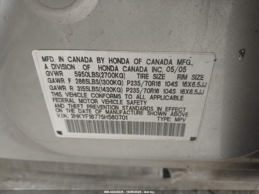 2005 Honda Pilot Ex-L VIN: 2HKYF18775H560701 Lot: 43420225