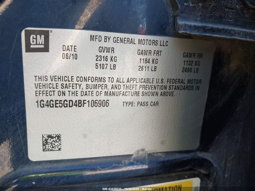 2011 Buick Lacrosse Cxs VIN: 1G4GE5GD4BF106906 Lot: 43420233