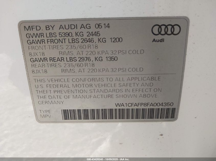 2015 Audi Q5 2.0T Premium VIN: WA1CFAFP8FA004350 Lot: 43420240