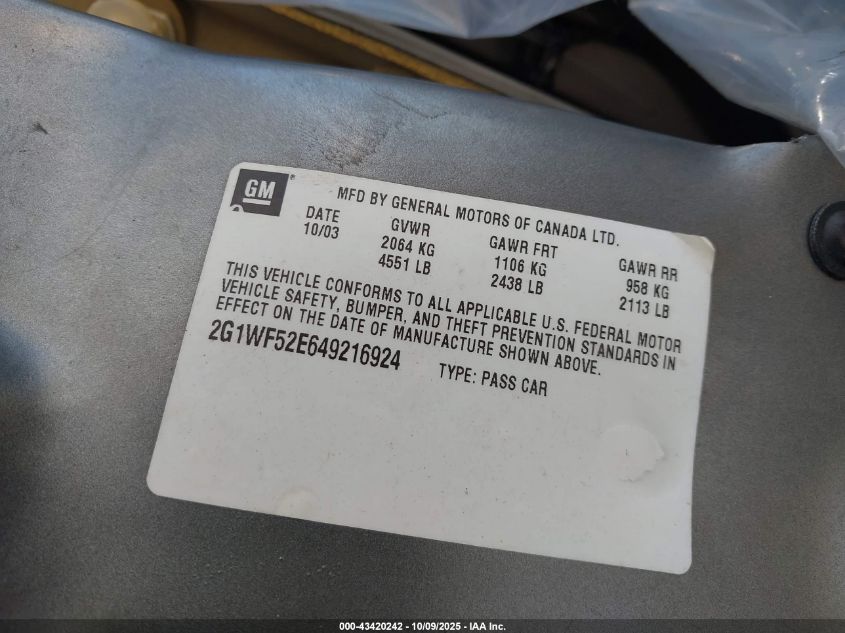 2004 Chevrolet Impala VIN: 2G1WF52E649216924 Lot: 43420242