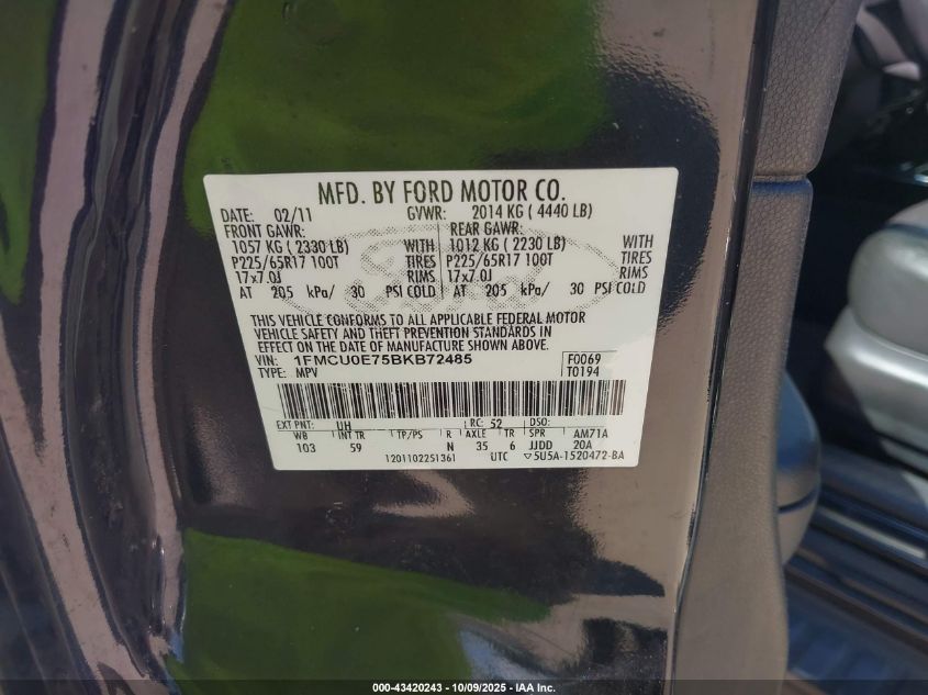 2011 Ford Escape Limited VIN: 1FMCU0E75BKB72485 Lot: 43420243