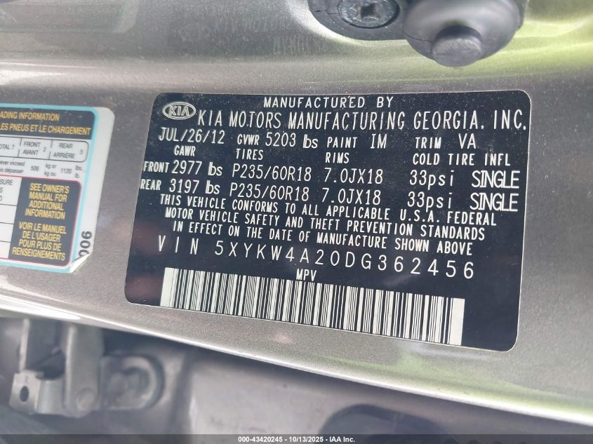 2013 Kia Sorento Sx VIN: 5XYKW4A20DG362456 Lot: 43420245