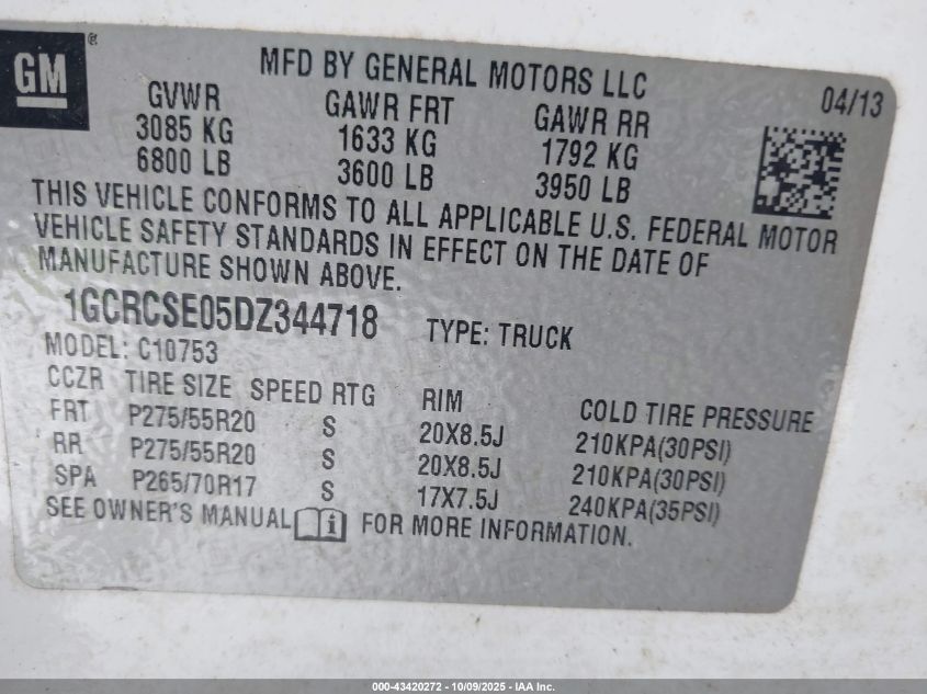 2013 Chevrolet Silverado 1500 Lt VIN: 1GCRCSE05DZ344718 Lot: 43420272