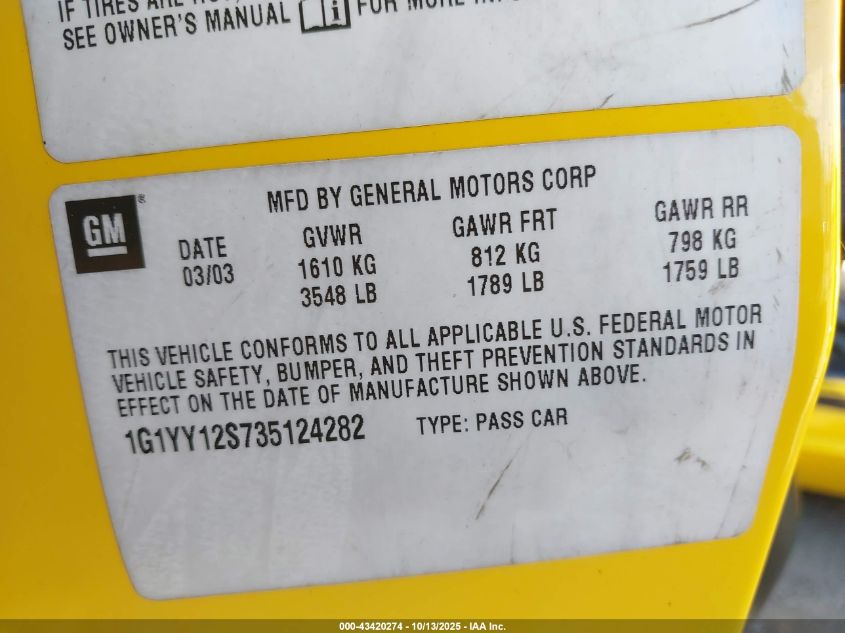 2003 Chevrolet Corvette Z06 Hardtop VIN: 1G1YY12S735124282 Lot: 43420274