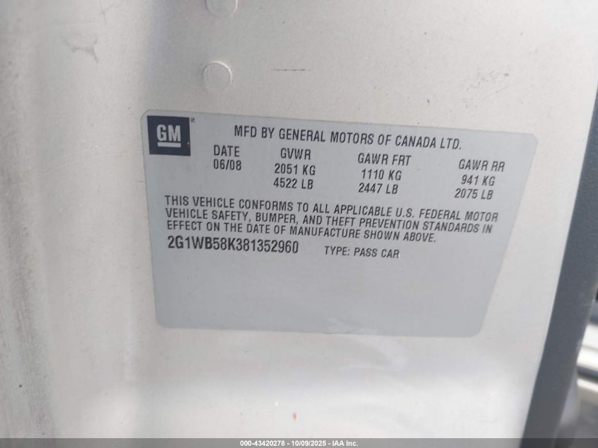2008 Chevrolet Impala Ls VIN: 2G1WB58K381352960 Lot: 43420278