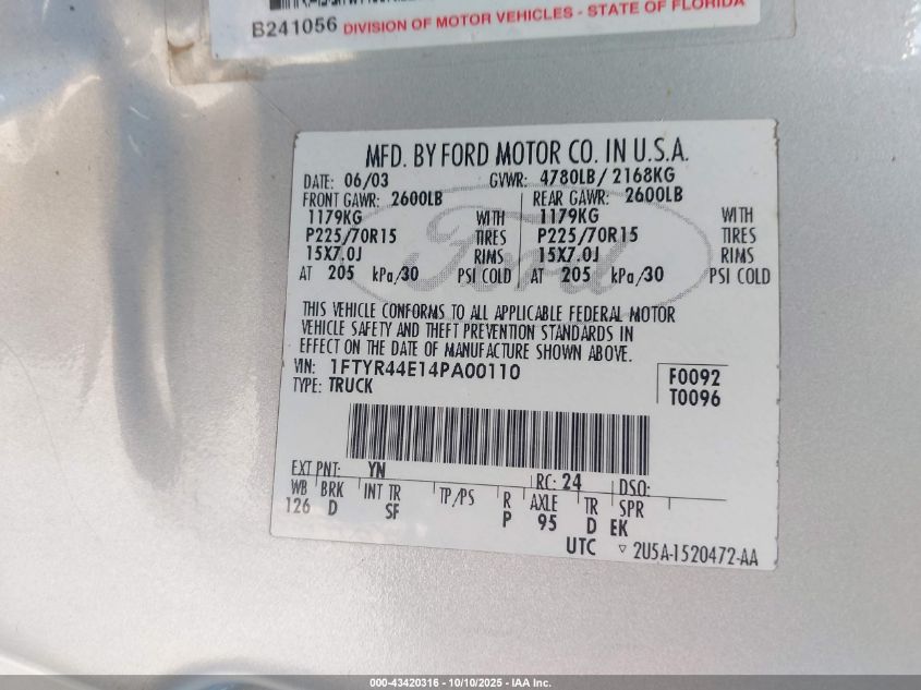 2004 Ford Ranger Xlt VIN: 1FTYR44E14PA00110 Lot: 43420316