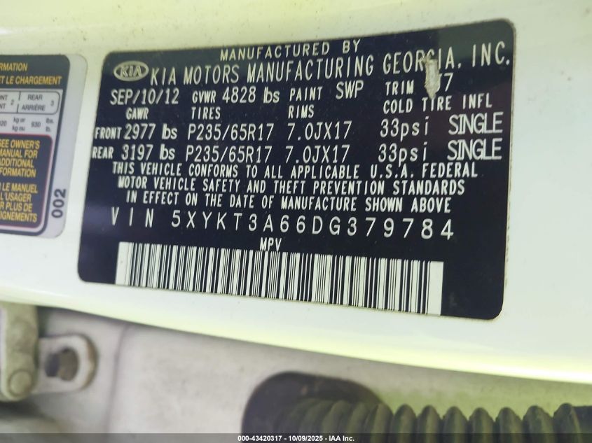 2013 Kia Sorento Lx VIN: 5XYKT3A66DG379784 Lot: 43420317