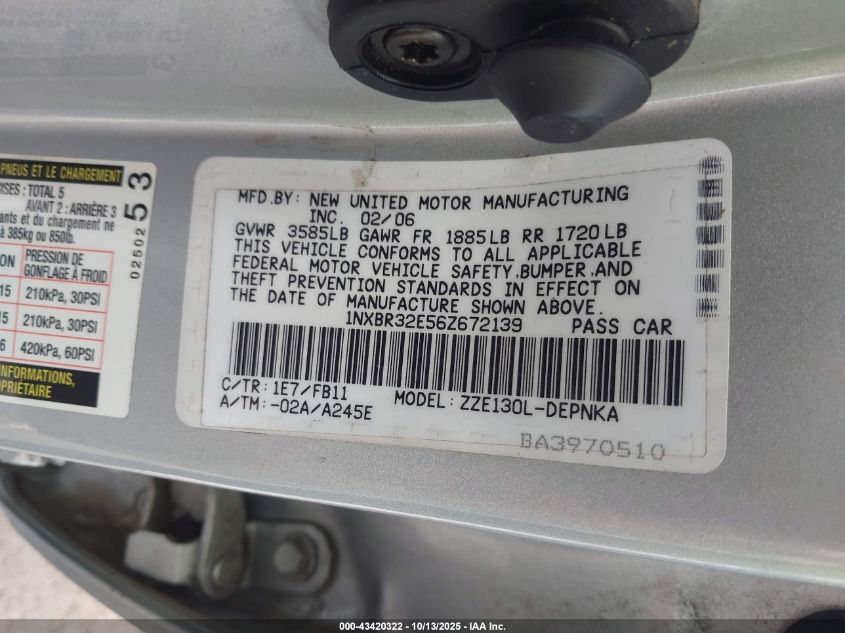 2006 Toyota Corolla Le VIN: 1NXBR32E56Z672139 Lot: 43420322