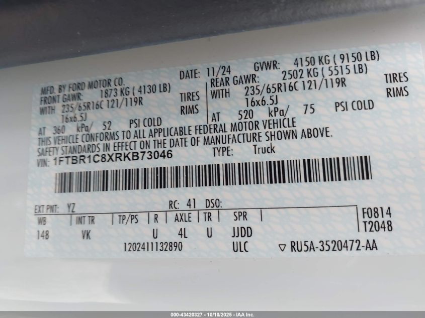 2024 Ford Transit-250 VIN: 1FTBR1C8XRKB73046 Lot: 43420327