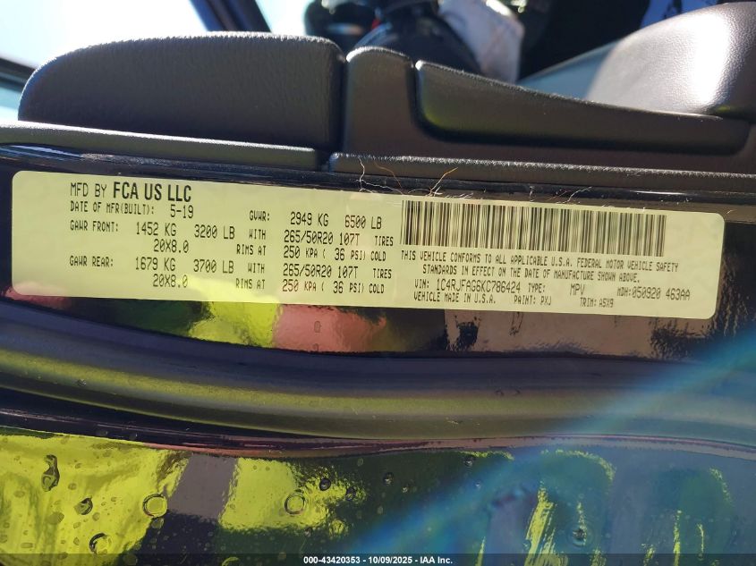 2019 Jeep Grand Cherokee Upland 4X4 VIN: 1C4RJFAG6KC786424 Lot: 43420353