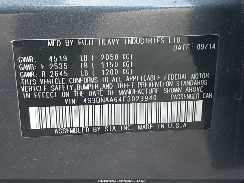 2015 Subaru Legacy 2.5I VIN: 4S3BNAA64F3023940 Lot: 43420357