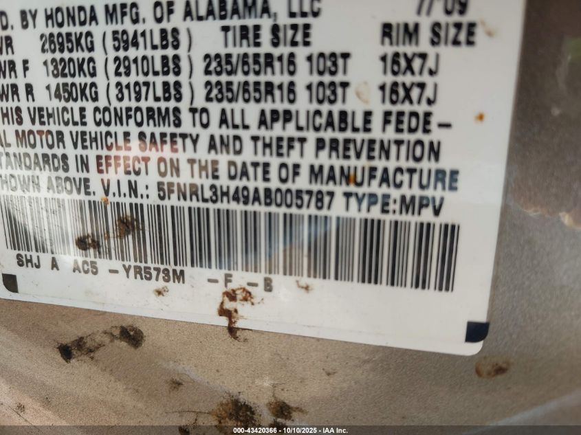 2010 Honda Odyssey Ex VIN: 5FNRL3H49AB005787 Lot: 43420366