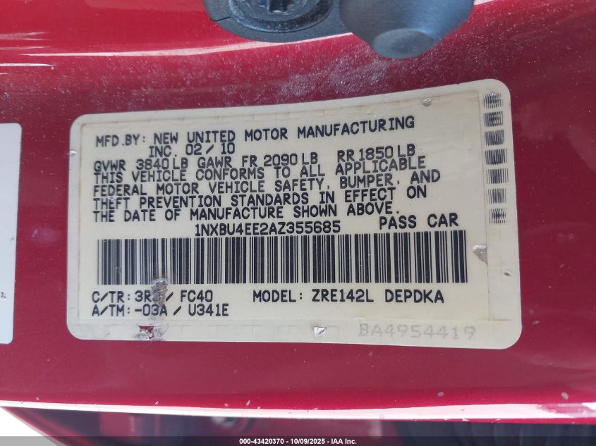 2010 Toyota Corolla Le VIN: 1NXBU4EE2AZ355685 Lot: 43420370