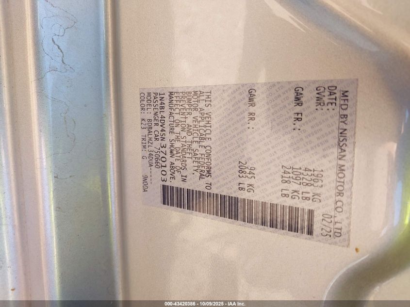 2025 Nissan Altima Sv Fwd VIN: 1N4BL4DV4SN370103 Lot: 43420386