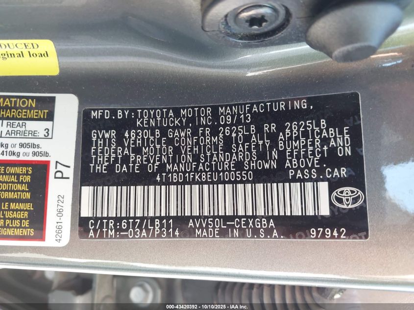 2014 Toyota Camry Hybrid Xle VIN: 4T1BD1FK8EU100550 Lot: 43420392