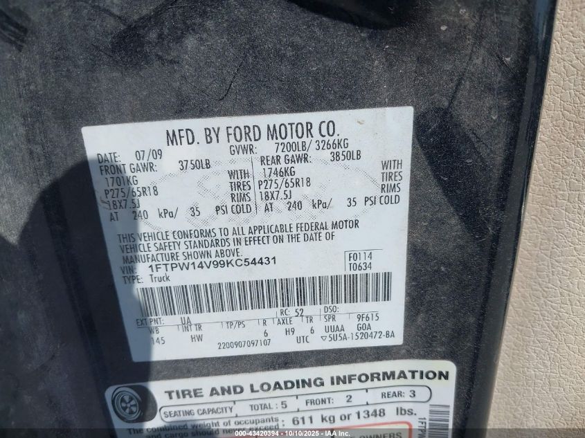 2009 Ford F-150 Fx4/King Ranch/Lariat/Platinum/Xl/Xlt VIN: 1FTPW14V99KC54431 Lot: 43420394
