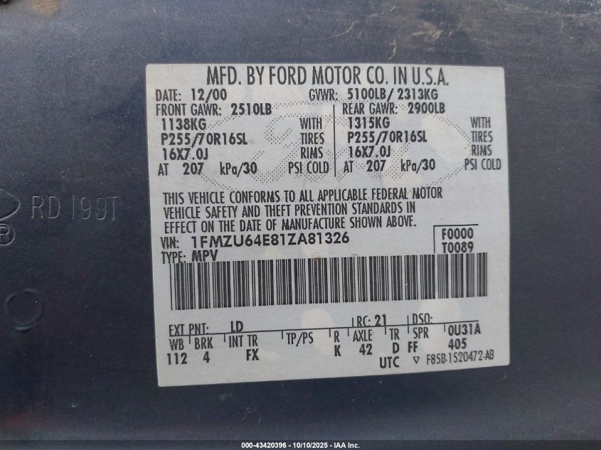 2001 Ford Explorer Eddie Bauer VIN: 1FMZU64E81ZA81326 Lot: 43420396