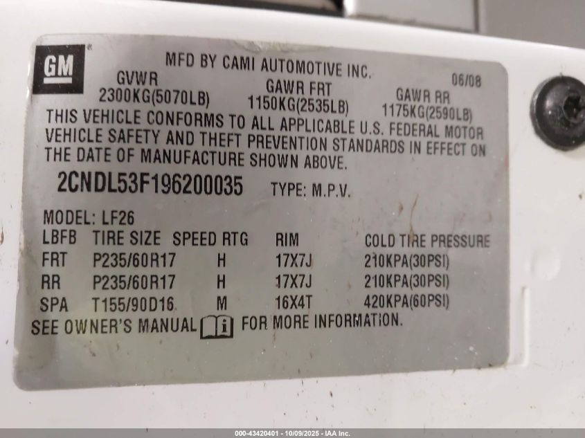 2009 Chevrolet Equinox Lt VIN: 2CNDL53F196200035 Lot: 43420401