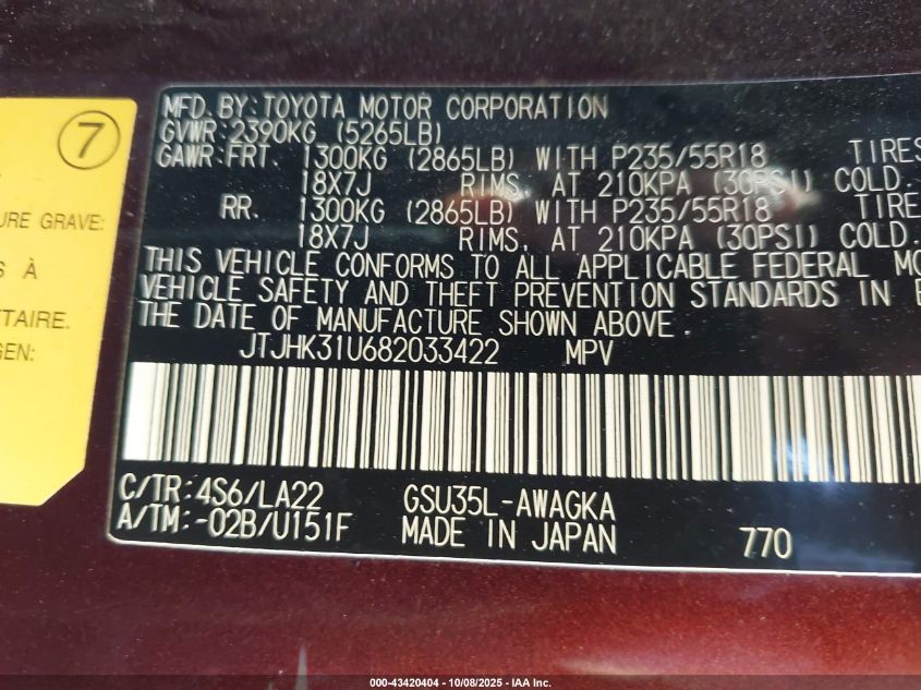 2008 Lexus Rx 350 VIN: JTJHK31U682033422 Lot: 43420404