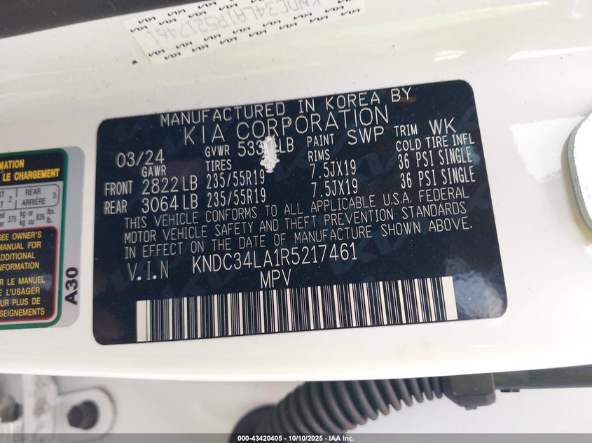 2024 Kia Ev6 Wind VIN: KNDC34LA1R5217461 Lot: 43420405