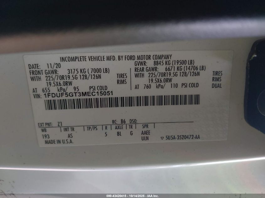 2021 Ford F-550 Chassis Xl VIN: 1FDUF5GT3MEC15051 Lot: 43420415