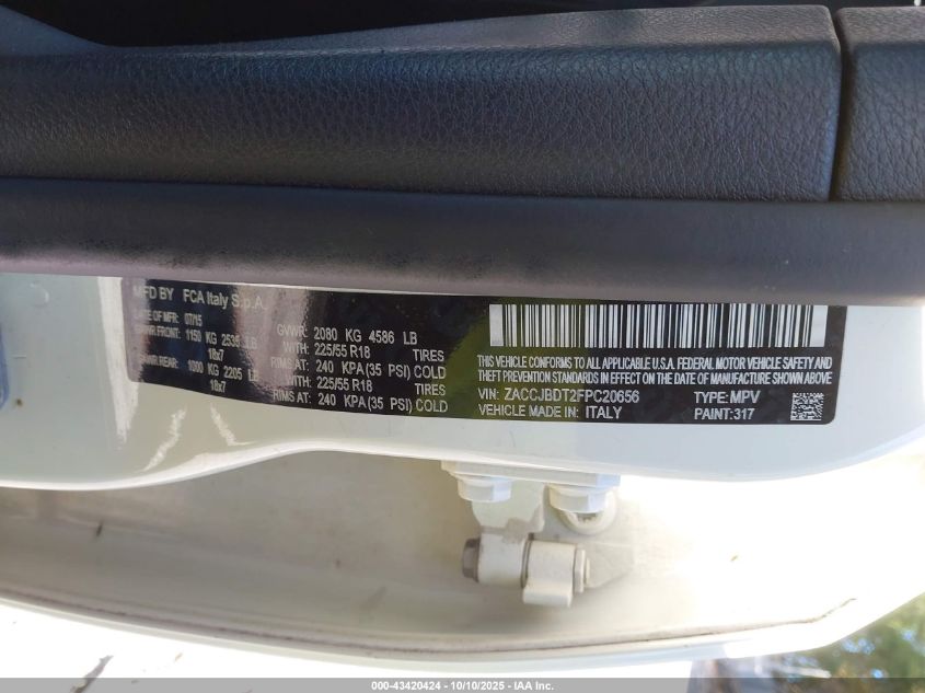 2015 Jeep Renegade Limited VIN: ZACCJBDT2FPC20656 Lot: 43420424