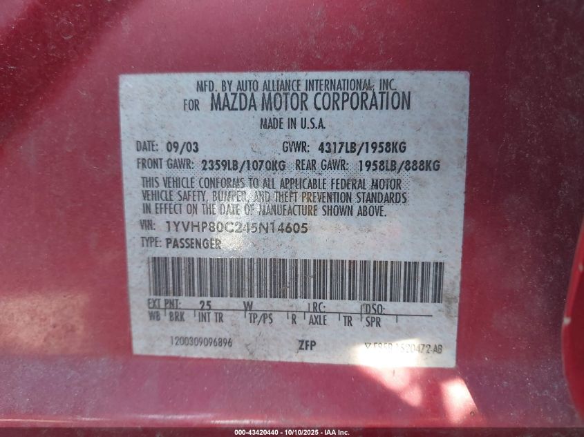 2004 Mazda Mazda6 I VIN: 1YVHP80C245N14605 Lot: 43420440