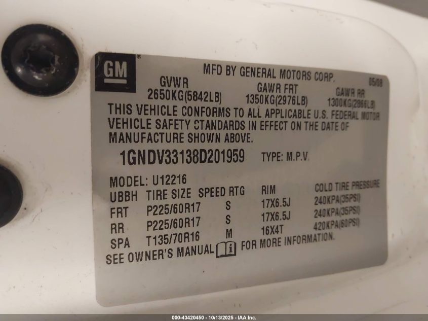 2008 Chevrolet Uplander Lt VIN: 1GNDV33138D201959 Lot: 43420450