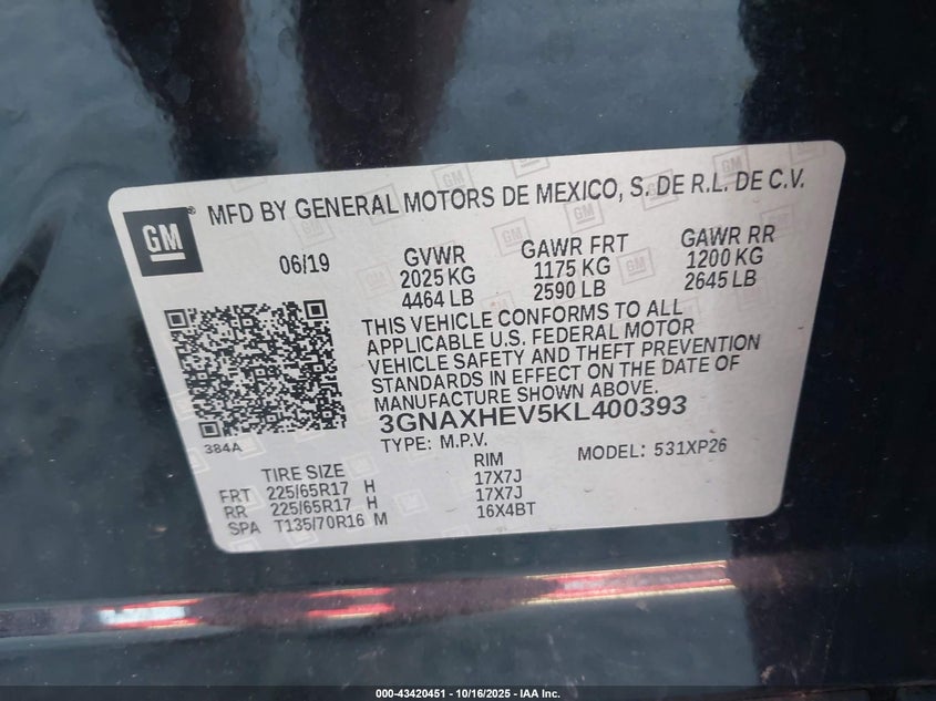 3GNAXHEV5KL400393 2019 CHEVROLET EQUINOX photo no. 9