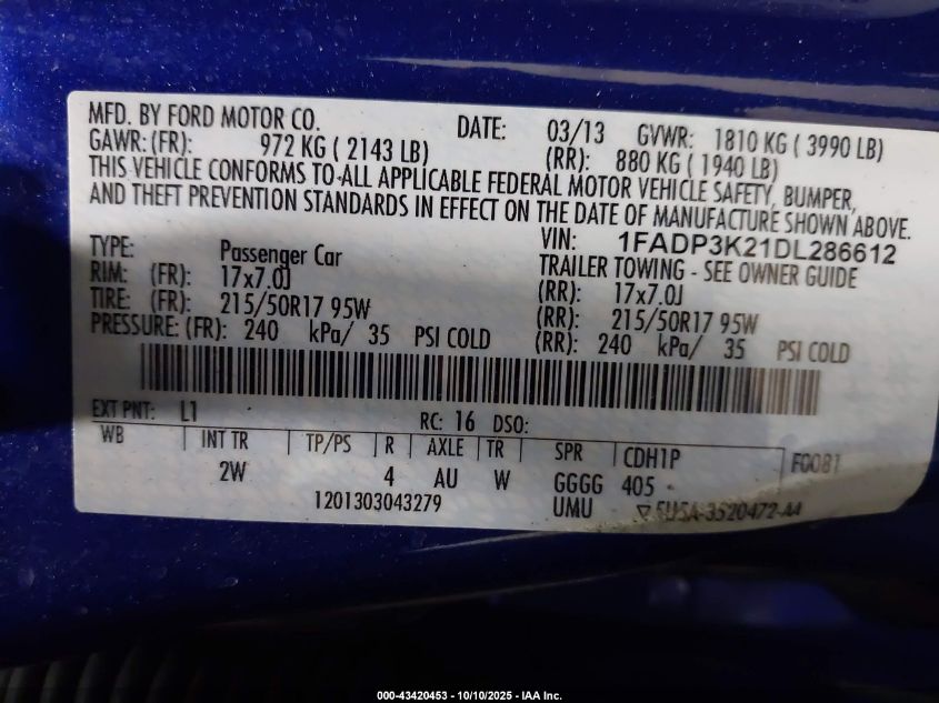 2013 Ford Focus Se VIN: 1FADP3K21DL286612 Lot: 43420453