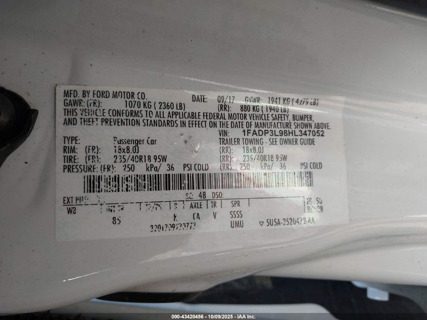 2017 Ford Focus St VIN: 1FADP3L98HL347052 Lot: 43420456