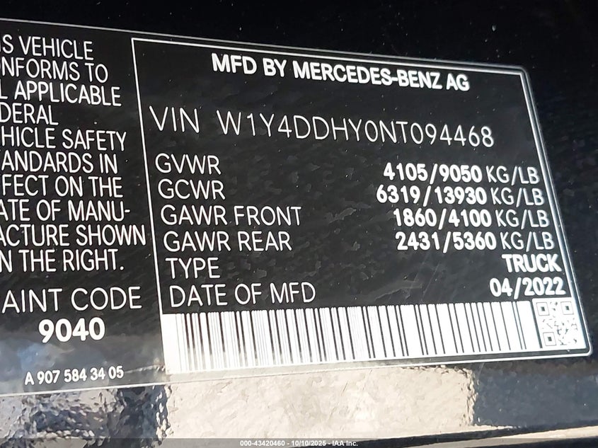 2022 MERCEDES-BENZ SPRINTER 2500 HIGH ROOF I4 DIESEL W1Y4DDHY0NT094468