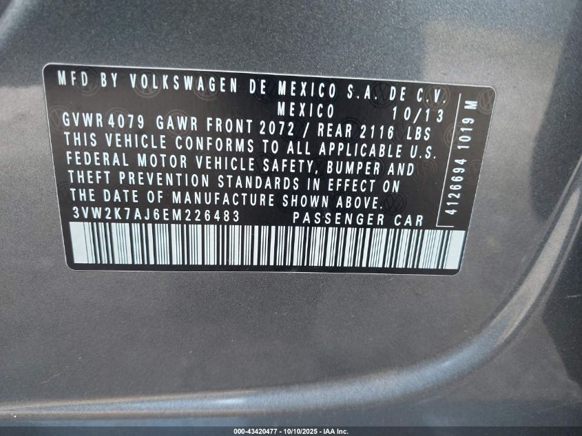 2014 Volkswagen Jetta 2.0L S VIN: 3VW2K7AJ6EM226483 Lot: 43420477