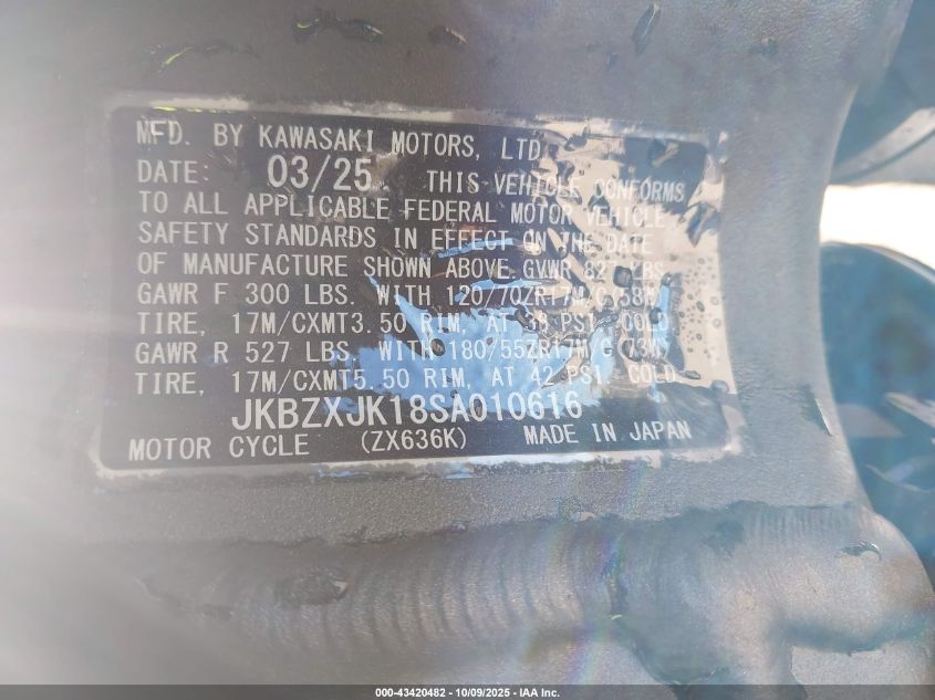 2025 Kawasaki Zx636 K VIN: JKBZXJK18SA010616 Lot: 43420482