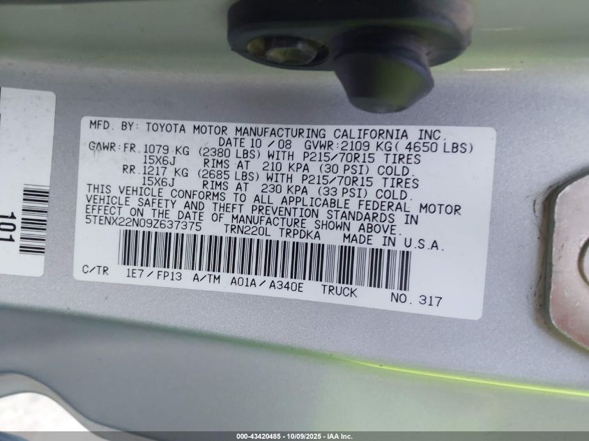 2009 Toyota Tacoma VIN: 5TENX22N09Z637375 Lot: 43420485