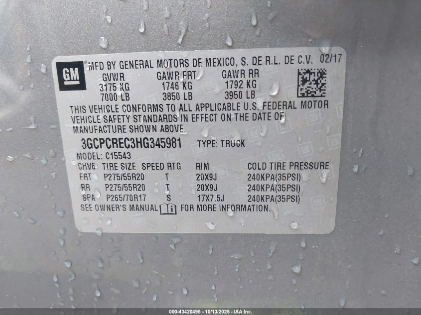 2017 Chevrolet Silverado 1500 1Lt VIN: 3GCPCREC3HG345981 Lot: 43420495